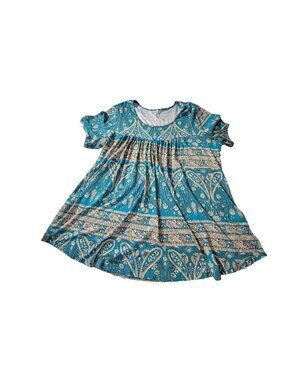 Longyuan Womens Turquoise Paisley Floral Print Blouse 3XL Short Sleeve Casual